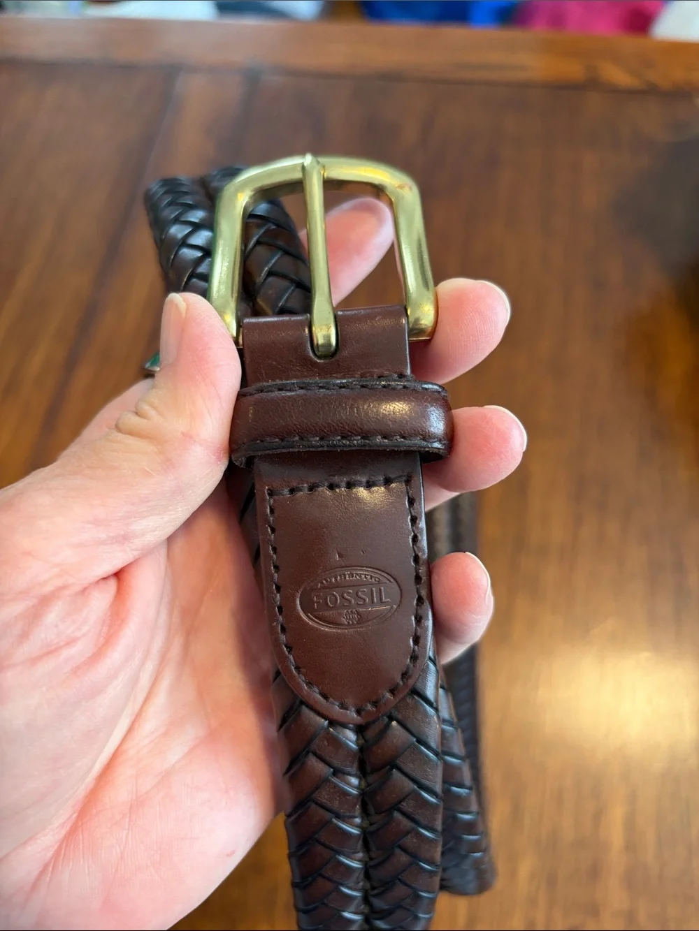 Fossil Brown Braided Leather Belt Brass Buckle 40
